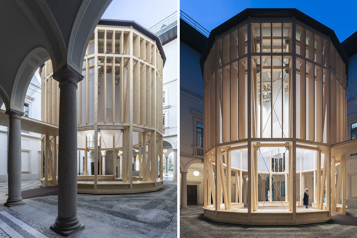 Veduta diurna e notturna del Tempietto all'interno della corte di Palazzo Citterio