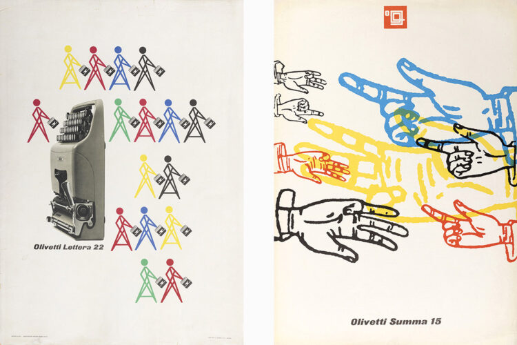 Unione di due grafiche relative a due modelli Olivetti degli anni Cinquanta, la mitica macchina da scrivere Lettera 22 e la calcolatrice Summa 15