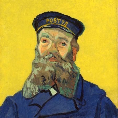 ritratto del postino Joseph Roulin, amico di van Gogh, in divisa, su fondo giallo